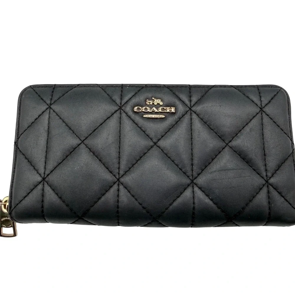 Coach Black Quilted Leather Accordion Zip Wallet Gold Hardware C3441‎
